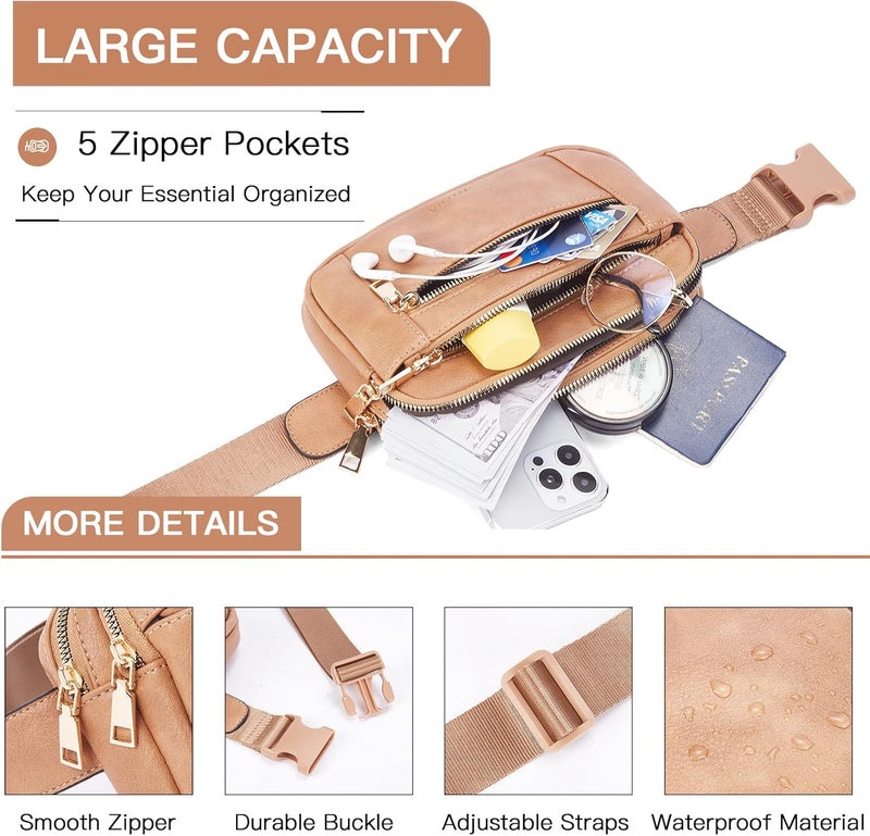 Telena Fanny Packs for Women Cross Body Bag Leather Belt Bag Fashionable Waist Bag with Adjustable Strap Camel Brown - Image 4